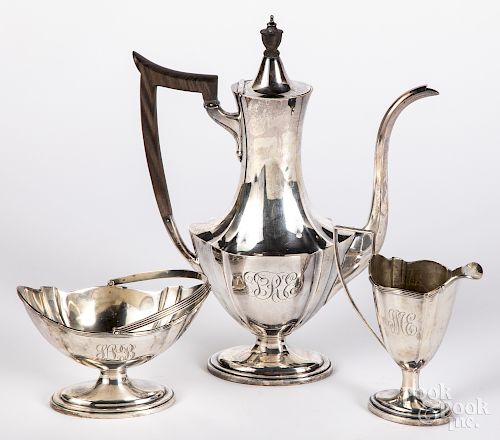 Assembled three-piece sterling silver tea service