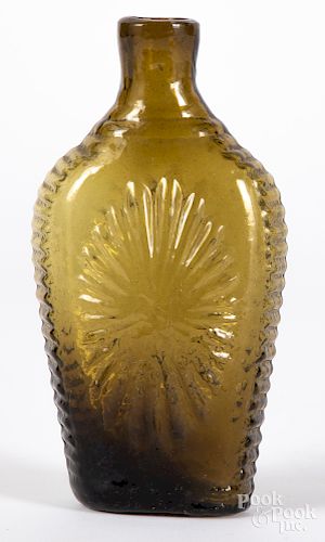 New England olive amber blown glass sunburst flask