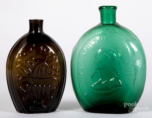 Cornucopia and urn amber blown glass flask, etc.
