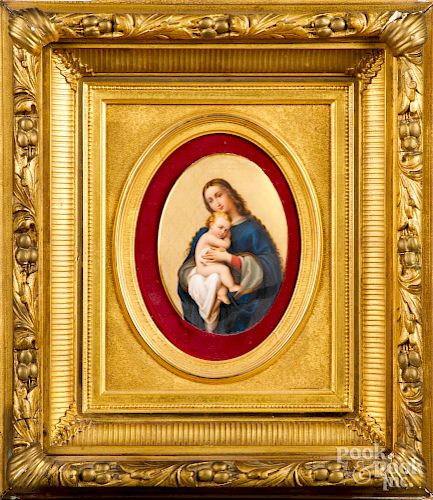 Painted porcelain plaque of Madonna and child