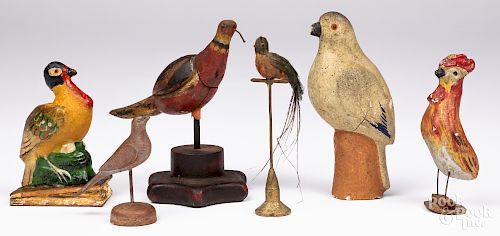 Six carved wood and composition birds
