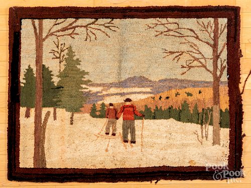 American hooked rug with skiers