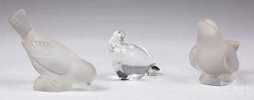 Two Lalique frosted glass birds, etc.