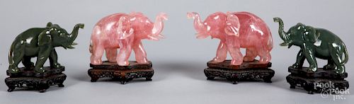 Four Chinese carved quartz and jade elephants