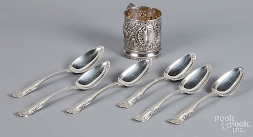 Six R & W Wilson coin silver serving spoons, etc.