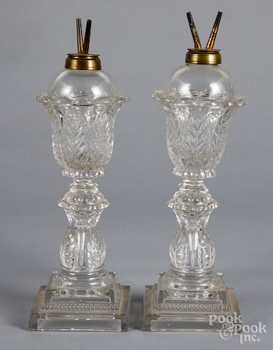 Pair of colorless glass fluid lamps