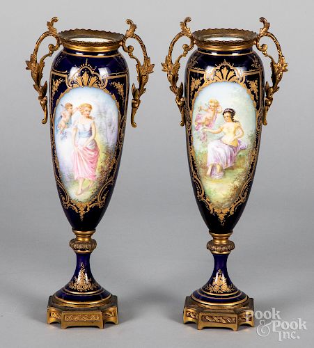 Pair of French Limoges enamel ormolu vases