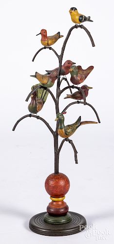 Carved and painted bird tree