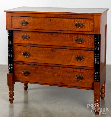 Sheraton tiger maple and cherry chest of drawers