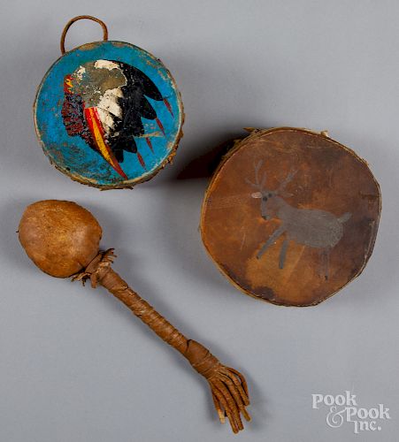 Two Native American child's painted drums, etc.