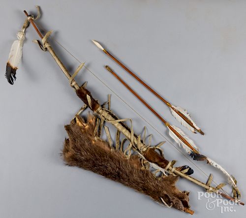 Native American Indian bow, quiver and arrows