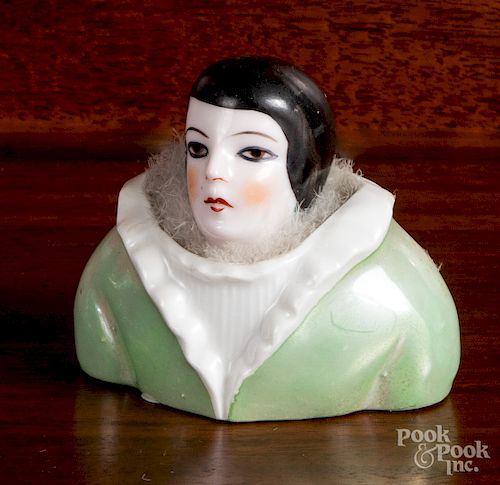 German figural porcelain powder puff holder