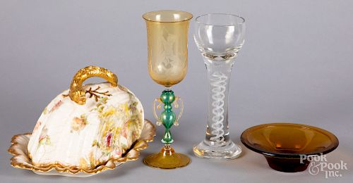 Venetian etched glass goblet, etc.