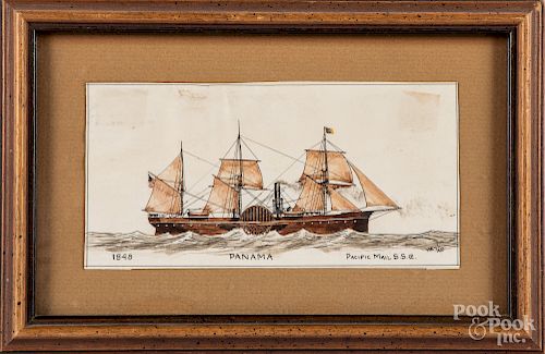 Watercolor on paper of a steamship