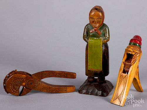 Norwegian carved painted figure of a woman, etc.
