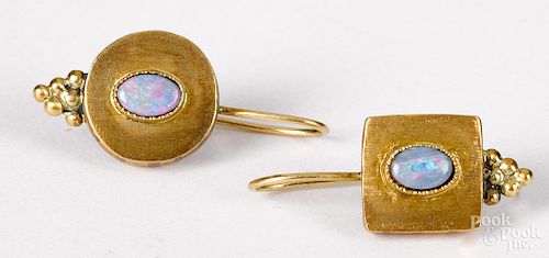 Pair of 18K yellow gold artisan opal earrings