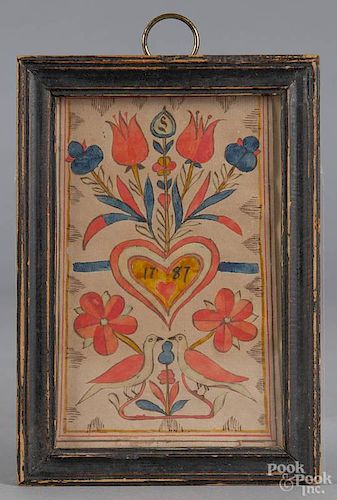 Pennsylvania ink and watercolor fraktur bookplate, dated 1787, having a central heart