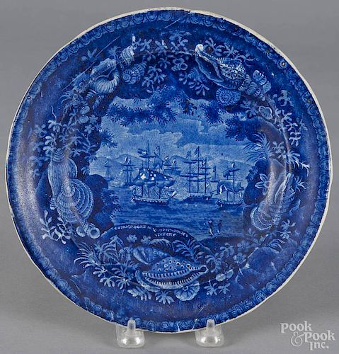 Historical blue Staffordshire Commodore Macdonough's Victory plate, 19th c., 9'' dia.