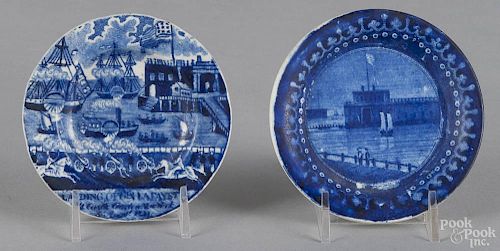 Two Historical blue Staffordshire cup plates, 19th c., one the Landing of Gen. Lafayette