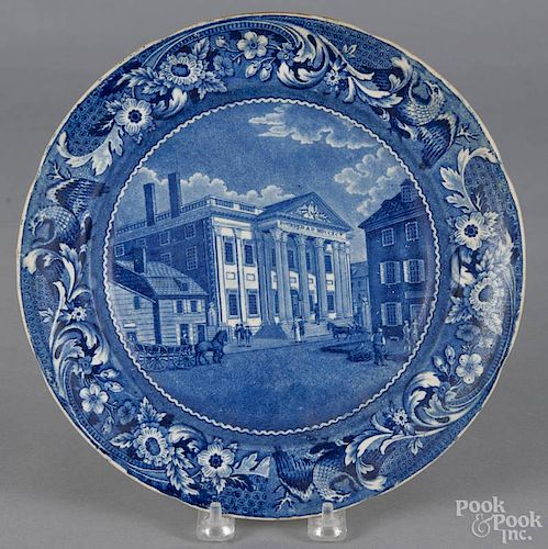 Historical blue Staffordshire Bank of the United States plate, 19th c., 10'' dia.