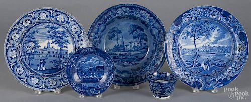 Five pieces of Historical blue Staffordshire, 19th c., to include a Lafayette at Franklin's tomb