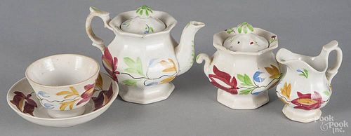 Three-piece miniature Adams rose tea service, 19th c., to include a teapot, 3 3/4'' h., a sugar