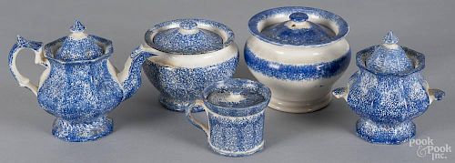 Five pieces of blue spatterware, 19th c., to include a miniature teapot, 5 1/4'' h.