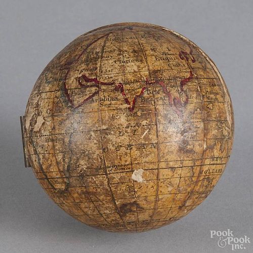 Connecticut paper litho over wood hemispheric teaching globe, inscribed Holbrook's Apparatus Mfg.