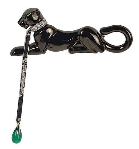 Cartier 18 Karat Black and White Gold, Diamond and Emerald Black Panther Brooch with Leash.