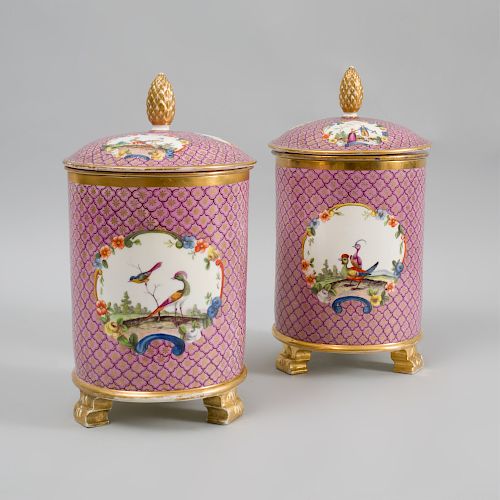 Pair of English Porcelain Puce Scale Ground Ice Pails, Liners and Covers, Mounted as Lamps