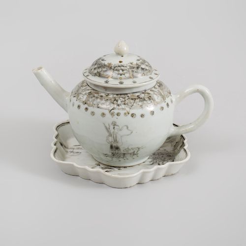 Chinese Export Porcelain Teapot and Cover Decorated en Grisaille and a Hexagonal Teapot Stand