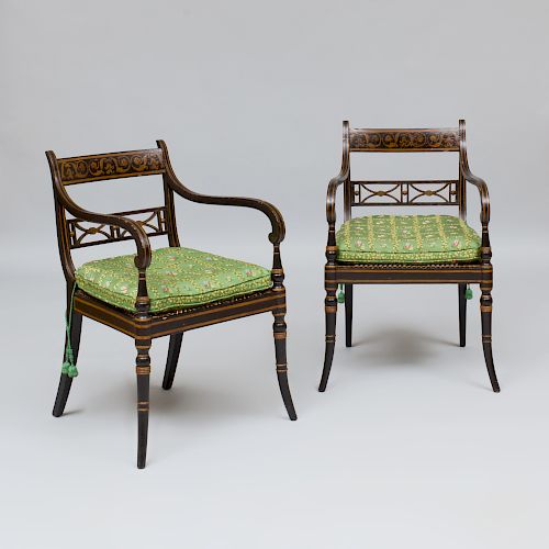 Pair of Regency Polychrome Decorated Caned Armchairs, by John Gee