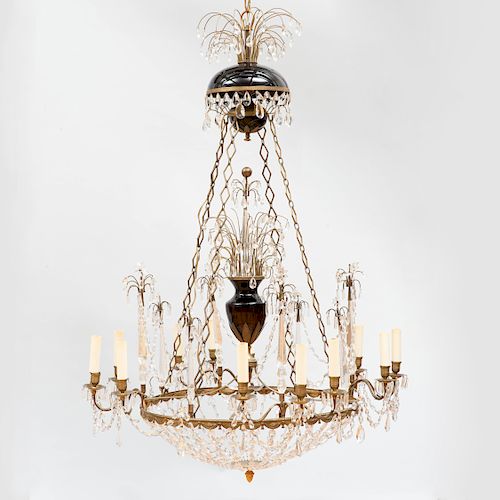 Large Continental Neoclassical Style Gilt-Metal-Mounted Glass Twelve Light Chandelier