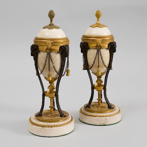 Pair of Louis XVI Gilt and Patinated Bronze-Mounted Marble Cassolettes