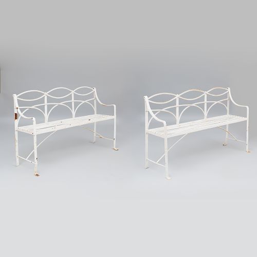Pair of Painted Wrought Iron Garden Benches