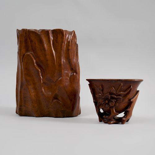 Chinese Carved Wood Libation Cup and a Naturalistic Carved Brush Pot
