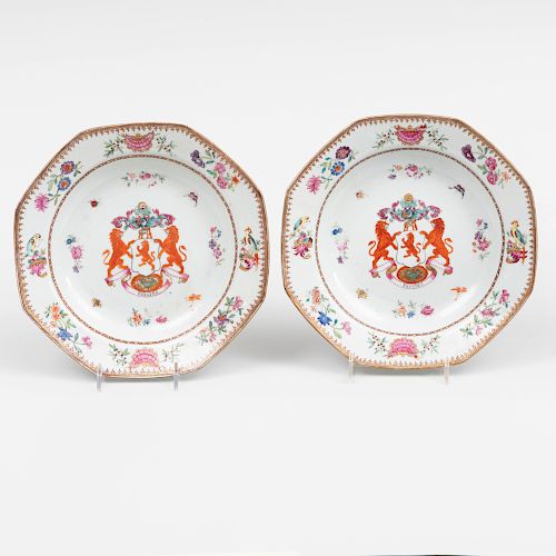 Pair of Chinese Export Porcelain Armorial Octagonal Soup Plates