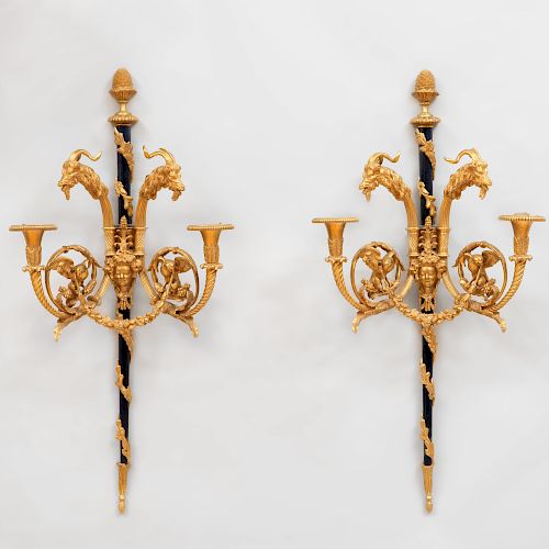 Pair of Louis XVI Style Gilt-and-Patinated Bronze Two-Light Wall Sconces, After a Model by Pierre GouthiÌ¬re