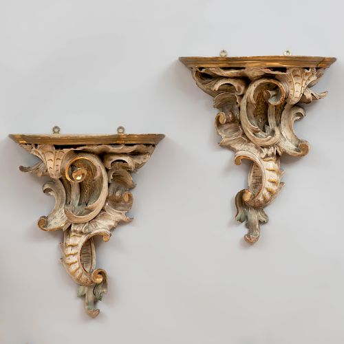 Pair of Louis XV Style Carved, Painted and Parcel-Gilt Wall Brackets