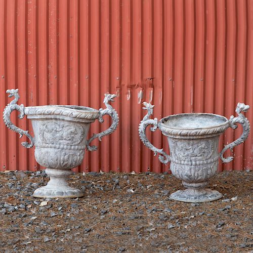 Pair of Lead Two Handled Garden Urns