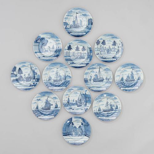 Set of Twelve Blue and White Delft 'Herring Fishing' Plates, Designed by Justus Brouwer