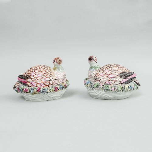 Pair of English Porcelain Quail Boxes and Covers
