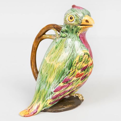 Continental Faience Parrot Jug and Cover 