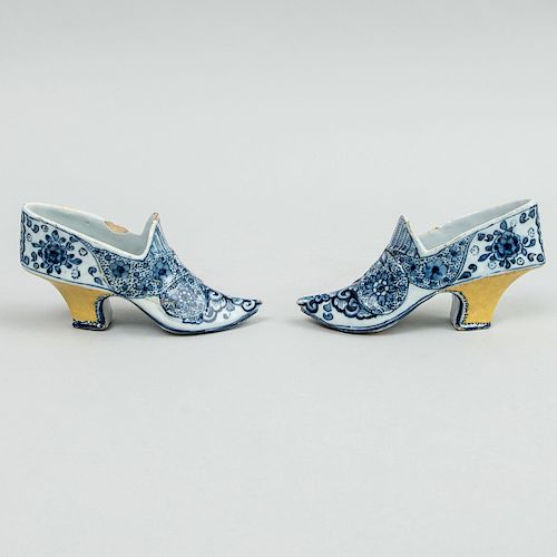 Pair of Dutch Delft Blue and White Models of Lady's Shoes 