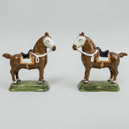 Pair of Dutch Delft Models of Saddled Brown Horses
