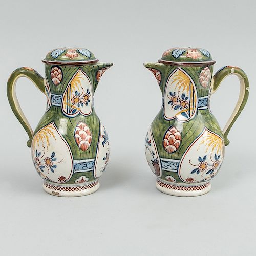 Pair of Dutch Delft Oil and Vinegar Cruets and Covers
