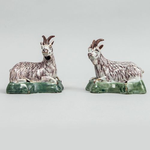 Pair of Dutch Polychrome Delft Models of Recumbent Goats