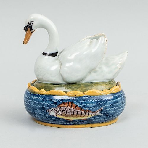 Dutch Polychrome Delft Swan Form Sauce Tureen and Cover