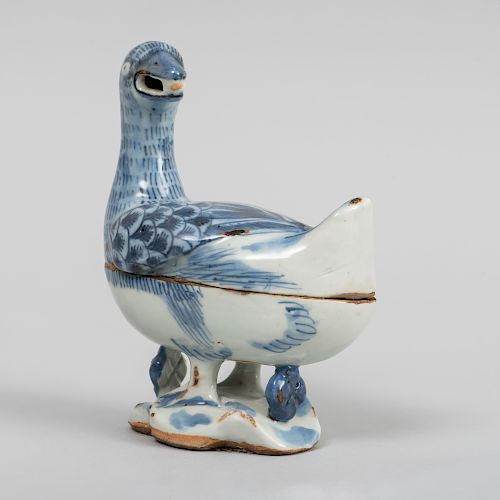 Dutch Blue and White Delft Duck Form Sauce Tureen and Cover