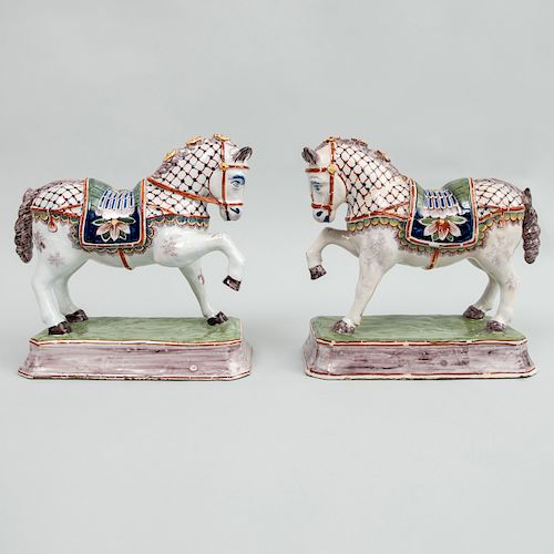 Pair of Dutch Polychrome Delft Models of Prancing Horses